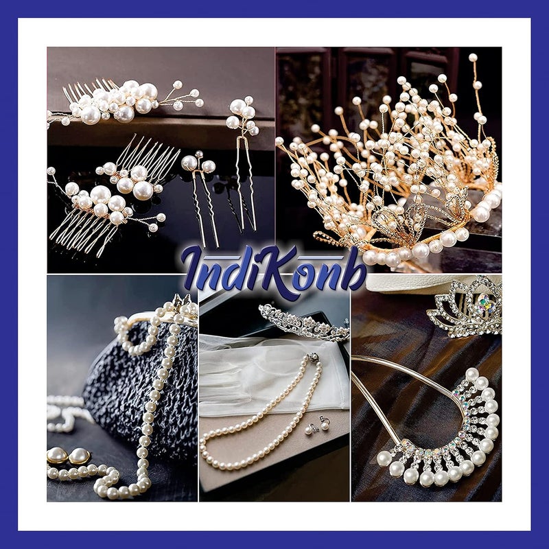 INDIKONB 3100 حبة 9 في 1 ماتي لصنع المجوهرات (تشمل حبات اللؤلؤ بحجم 3، 4، 5، 6، 8، 10 مم + حبات فضية وذهبية) | حبات لؤلؤ للمجوهرات، أعمال التطريز، والحرف | M6 - كريمي - Image 4