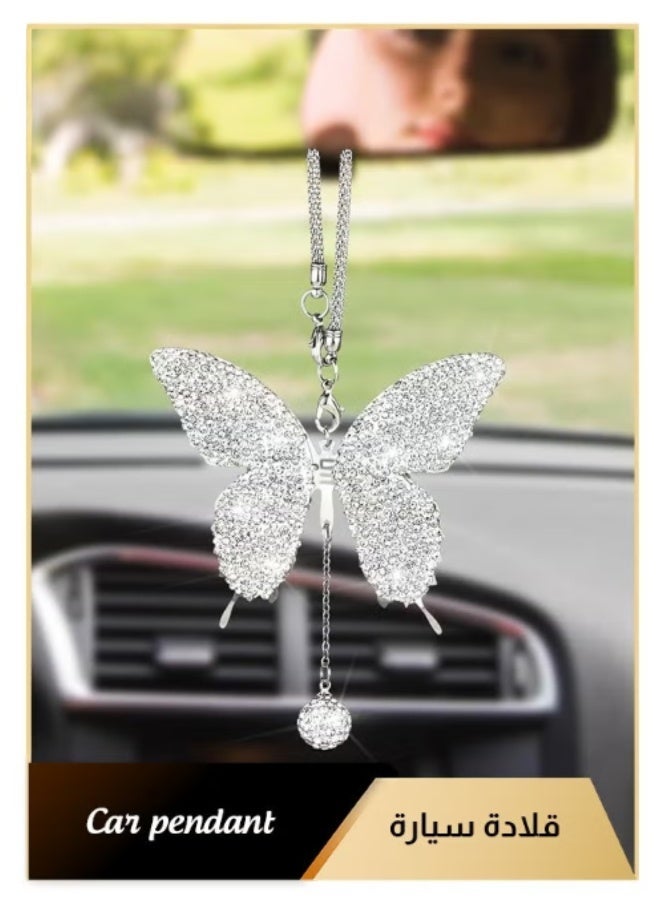 زينة سيارة على شكل فراشة، زينة مرآة السيارة الداخلية، ملحقات مرآة الرؤية الخلفية الماسية للسيارة، زينة معلقة للسيارة باللون الأبيض - Image 1