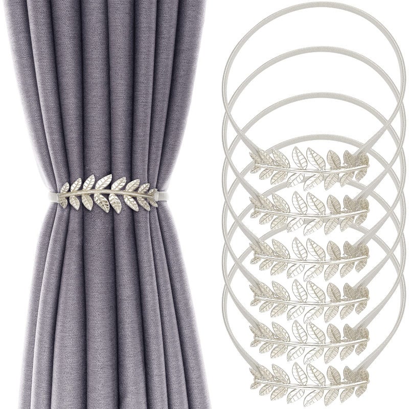 LLPMutu 6Pack Curtain Tiebacks Aluminum Alloy Spring Design Curtain Holdback Leaf Carving Design Curtain Ties For Drapes Curtain Ties Backs Curtain Modern Style Curtain Holdback Decor(Sliver Leaf) - Image 1