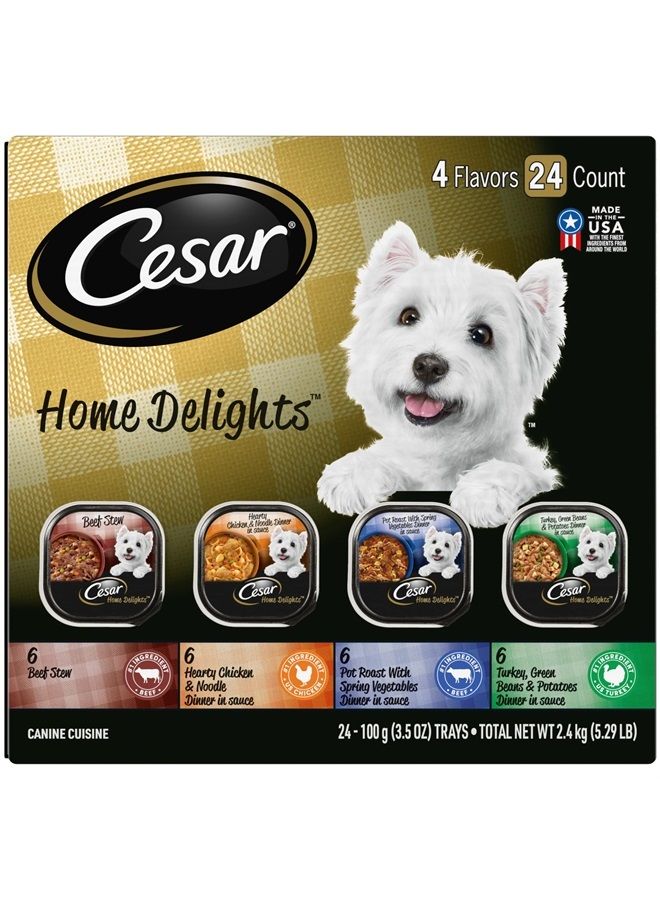 CESAR HOME DELIGHTS Soft Wet Dog Food Pot Roast & Vegetable, Beef Stew, Turkey Potato & Green Bean, and Hearth Chicken & Noodle Variety Pack, 3.5 Ounce (Pack of 24), Easy Peel Trays - Image 1