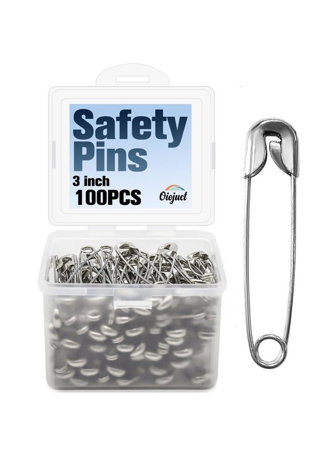 Oiojuct Safety Pins - 3 Inch Large, Heavy Duty, Nickel Plated Steel, 100 Pcs for Sewing, Crafts, Clothing - Image 1