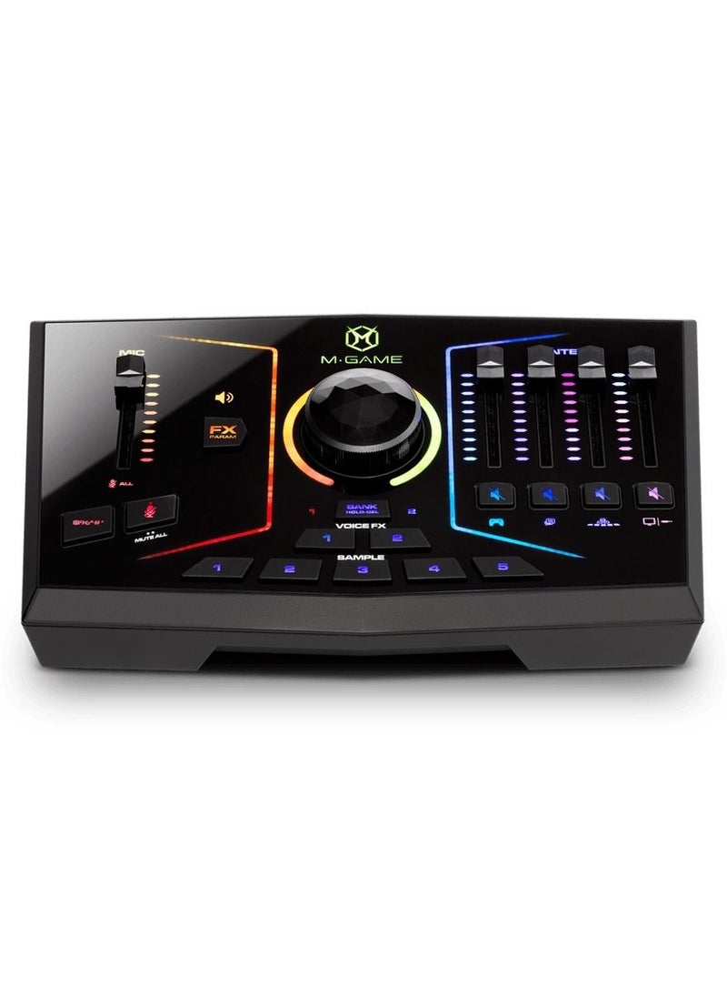 M-Audio - M-Game RGB Dual Streaming Mixer USB Audio Mixer with 2 USB Inputs, 1 XLR Input, Optical Input, Headset I/O, Programmable Voice Effects, Onboard Sampler, Customizable RBG LEDs, and Software Control - Image 1