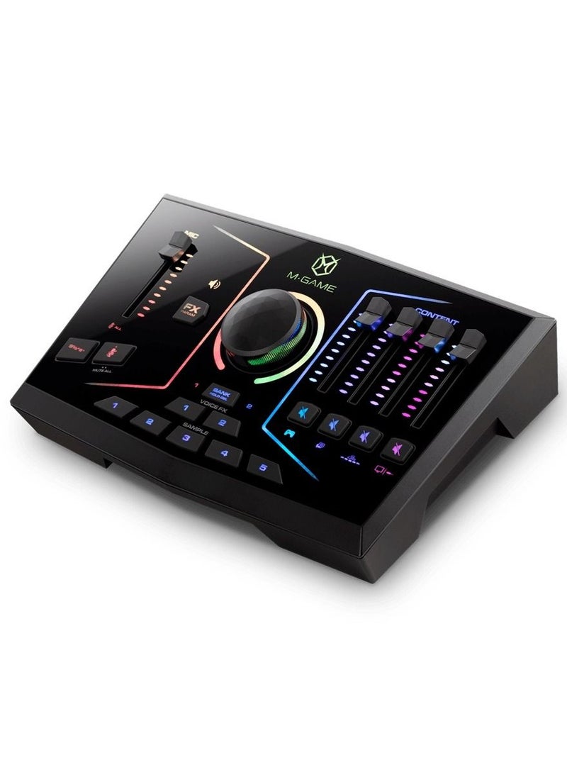 M-Audio - M-Game RGB Dual Streaming Mixer USB Audio Mixer with 2 USB Inputs, 1 XLR Input, Optical Input, Headset I/O, Programmable Voice Effects, Onboard Sampler, Customizable RBG LEDs, and Software Control - Image 1