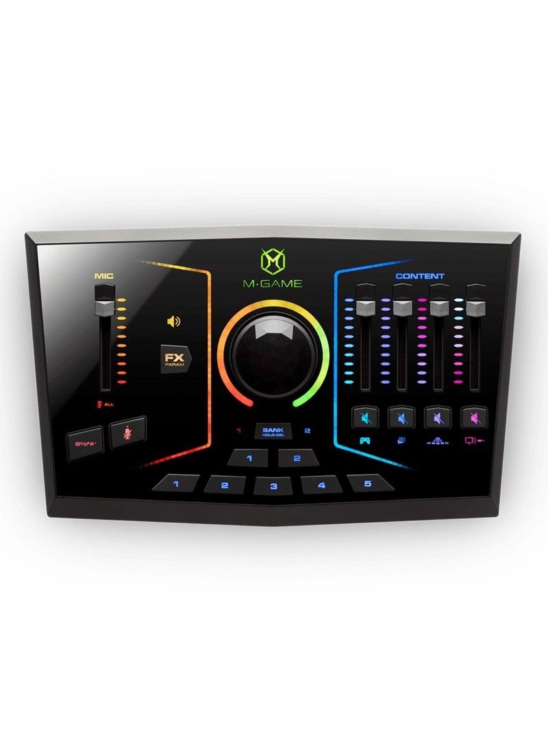 M-Audio - M-Game RGB Dual Streaming Mixer USB Audio Mixer with 2 USB Inputs, 1 XLR Input, Optical Input, Headset I/O, Programmable Voice Effects, Onboard Sampler, Customizable RBG LEDs, and Software Control - Image 1