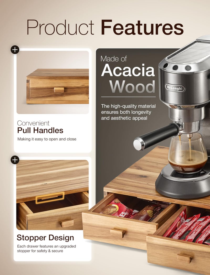 Tinamo Acacia Wood Coffee Pod Storage Box, 30 Pod Capacity, Coffee Pods and Tea Organizer Holder, K Pod Drawer Coffee Maker Machine Stand, for K-Cup Drawer Organizer Under Brewer (Acacia, 2 drawer) - Image 3