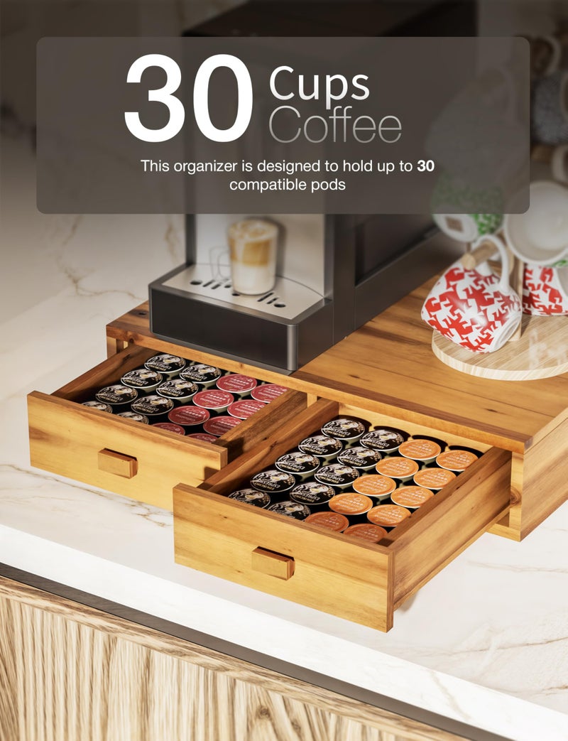 Tinamo Acacia Wood Coffee Pod Storage Box, 30 Pod Capacity, Coffee Pods and Tea Organizer Holder, K Pod Drawer Coffee Maker Machine Stand, for K-Cup Drawer Organizer Under Brewer (Acacia, 2 drawer) - Image 4