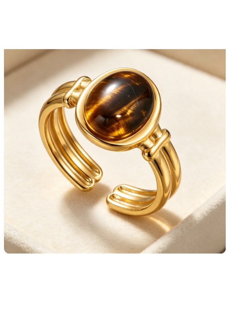 LATEEN 18K Gold Plated Stainless Steel Tiger’s Eye Open Ring with Luxury LED Light Gift Box, High-End Statement Jewelry for Men & Women - Image 2