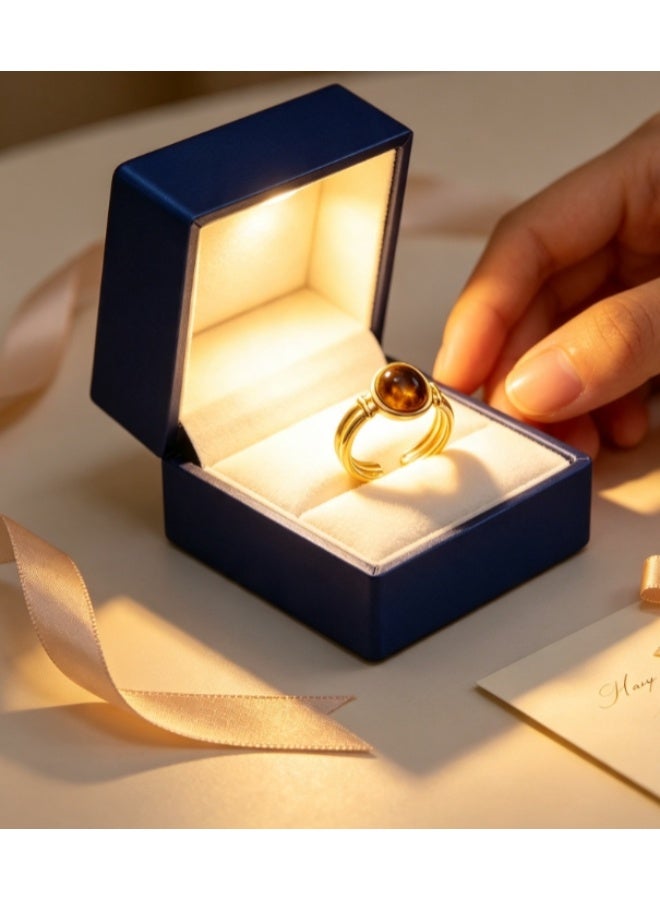 LATEEN 18K Gold Plated Stainless Steel Tiger’s Eye Open Ring with Luxury LED Light Gift Box, High-End Statement Jewelry for Men & Women - Image 5