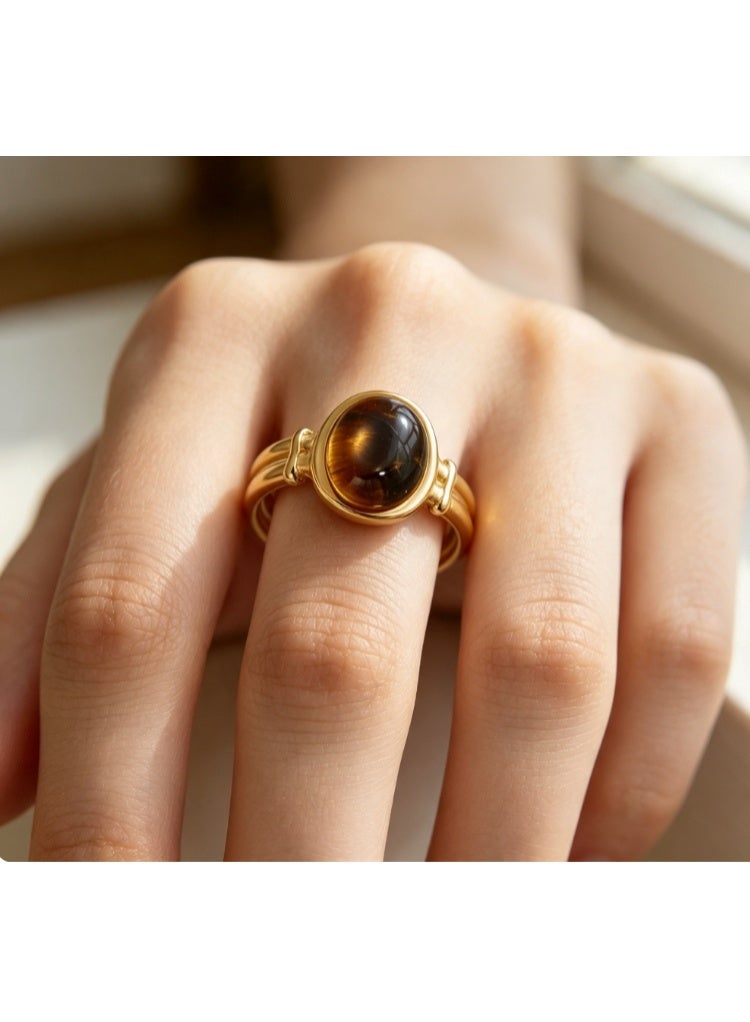 LATEEN 18K Gold Plated Stainless Steel Tiger’s Eye Open Ring with Luxury LED Light Gift Box, High-End Statement Jewelry for Men & Women - Image 3