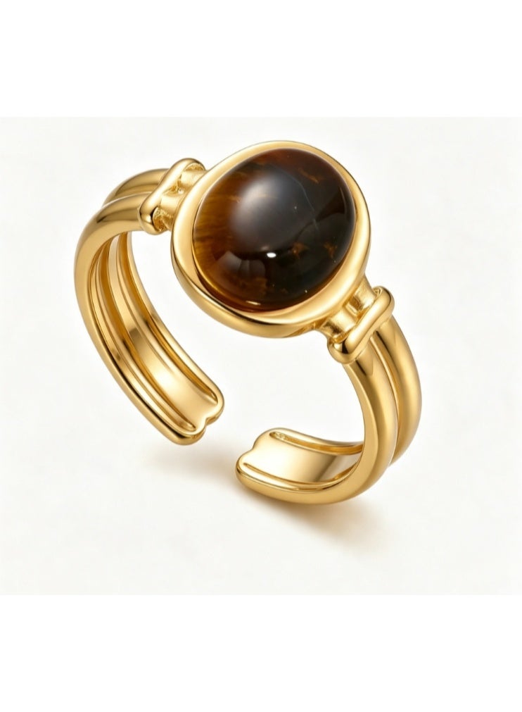LATEEN 18K Gold Plated Stainless Steel Tiger’s Eye Open Ring with Luxury LED Light Gift Box, High-End Statement Jewelry for Men & Women - Image 4