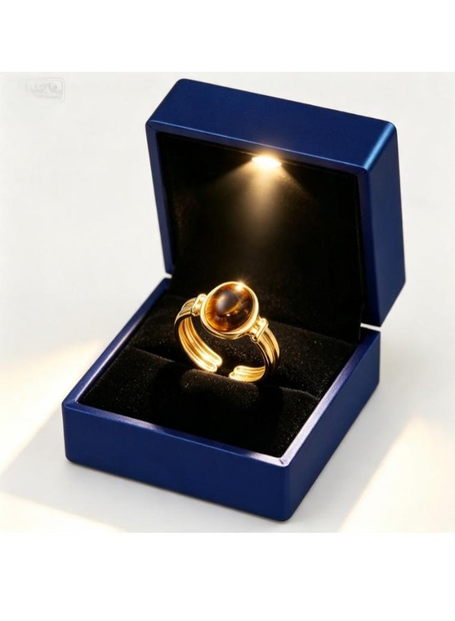 LATEEN 18K Gold Plated Stainless Steel Tiger’s Eye Open Ring with Luxury LED Light Gift Box, High-End Statement Jewelry for Men & Women - Image 1