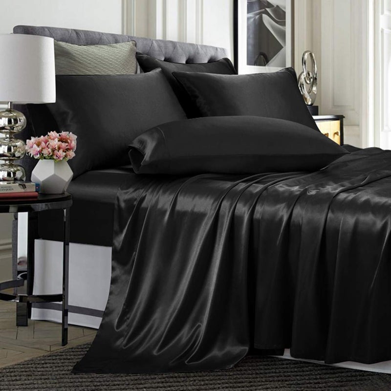 TREELY 6 Piece Queen Size Satin Sheets Set  Silky Smooth Black With Deep Pocket Fitted Sheet Flat Sheet 4 Pillowcases