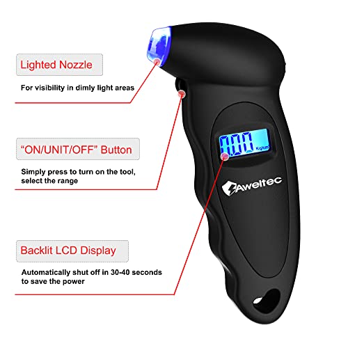 AWELTEC Digital Tire Pressure Gauge 150 PSI, 4 Settings, Tire Gauge for Car, Truck, Motorcycle, Bicycle with Backlit LCD and Non-Slip Grip (Black) - Image 5
