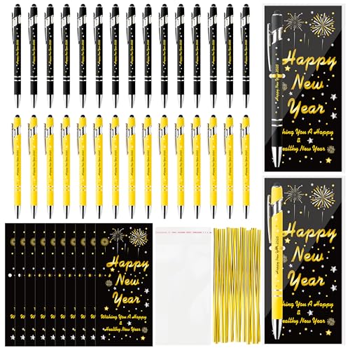 ANGOLIO Happy New Year Gifts Bulk 200Pcs Inspirational Gold Black Bookmark Blessing Cards Metal Ballpoint Pen for Guests Teachers Employee 2026 Lunar New Year Eve Christmas Gifts Party Supplies - Image 1