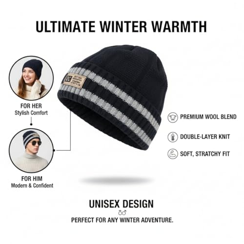 iSWEVEN Men and Women Woolen Inside Fur Warm Winter Hat Unisex-Adult Soft Wool Slouchy Stylish Skull Woollen Beanie Cap (4116C, Grey) - Image 5