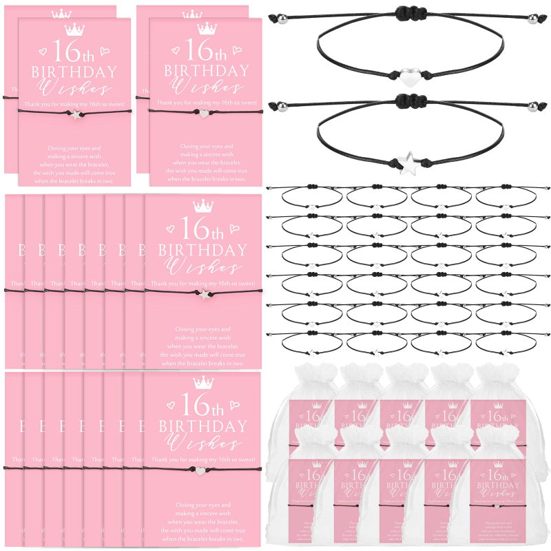 Misdary 25 Set Sweet 16th Birthday Wish Party Favors for Guests Include Adjustable Heart Charm Star Bracelets Gift with Thank You Wish Cards for Birthday Souvenirs Party Supplies Decor