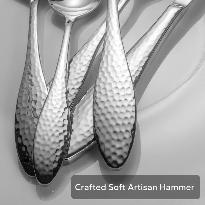 Alata Emma 40Piece 1810 Silverware Set Hammered Flatware Set Heavy Duty Stainless Steel Cutlery Set Modern Kitchen Utensils Dinnerware Sets Service for 8 Mirror Polished  Dishwasher Safe - Image 3