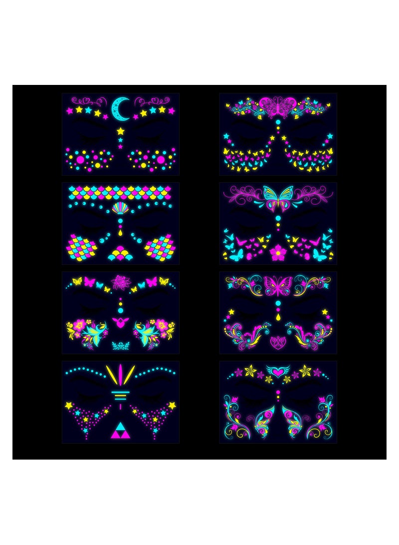 SOLARAE تاتو يتلألأ في الظلام للبالغين، 8 أوراق من تاتو مؤقت يتلألأ تحت الضوء الأسود UV نيون، ملصقات تاتو فراشة لمستلزمات حفلات يتلألأ في الظلام - Image 4