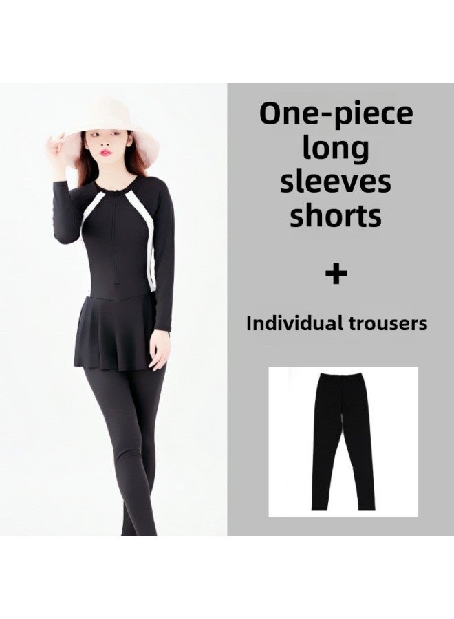 Generic Full-body Long-sleeved Sunscreen Swimsuit Conservative Skirt One-piece Long-sleeved Trousers Sports Swimsuit Women's Diving Suit-Color:6690 Long Sleeve Conjoined (shorts + Trousers)-Size:L (44.50 Kg-48.00 Kg  - Image 1