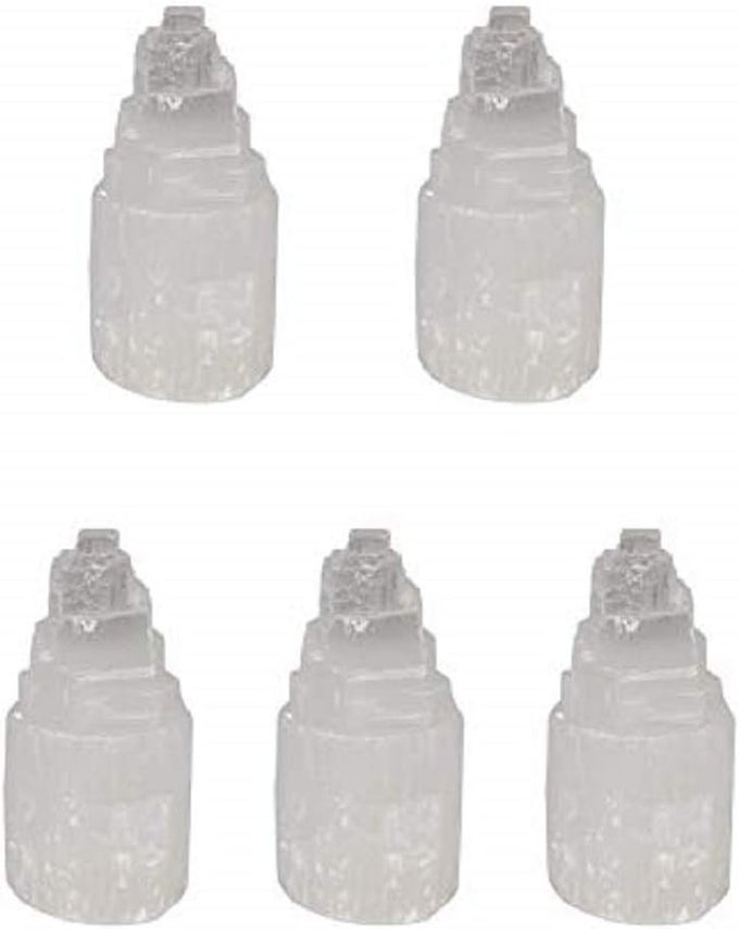 5 PIECE SELENITE SKYSCRAPER TOWER POINTS 2.4" TALL, FOR WICCA, REIKI, HEALING, METAPHYSICAL, CHAKRA, POSITIVE ENERGY, LUCKY FENG SHUI, MEDITATION, PROTECTION, POWERS, DECORATION OR GIFT