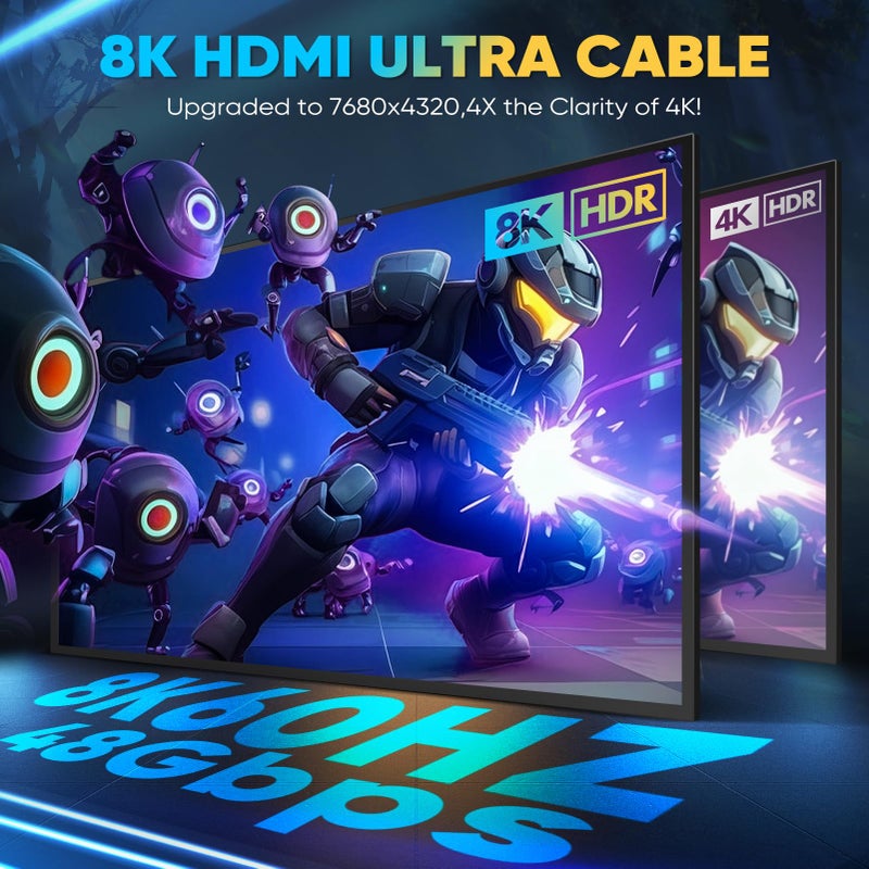 YuaiceÂ® 10K 8K HDMI Cable, 1.5FT, 3.3FT, 6.6FT, 10FT, 16FT, 20FT, 25FT Heavy Duty High-Speed Braided HDMI Cable, Professional HDMI Cord, 48Gbps, 4K@120Hz, 8K@60Hz, HDR, DTS:X, HDCP 2.2/2.3 - Image 2