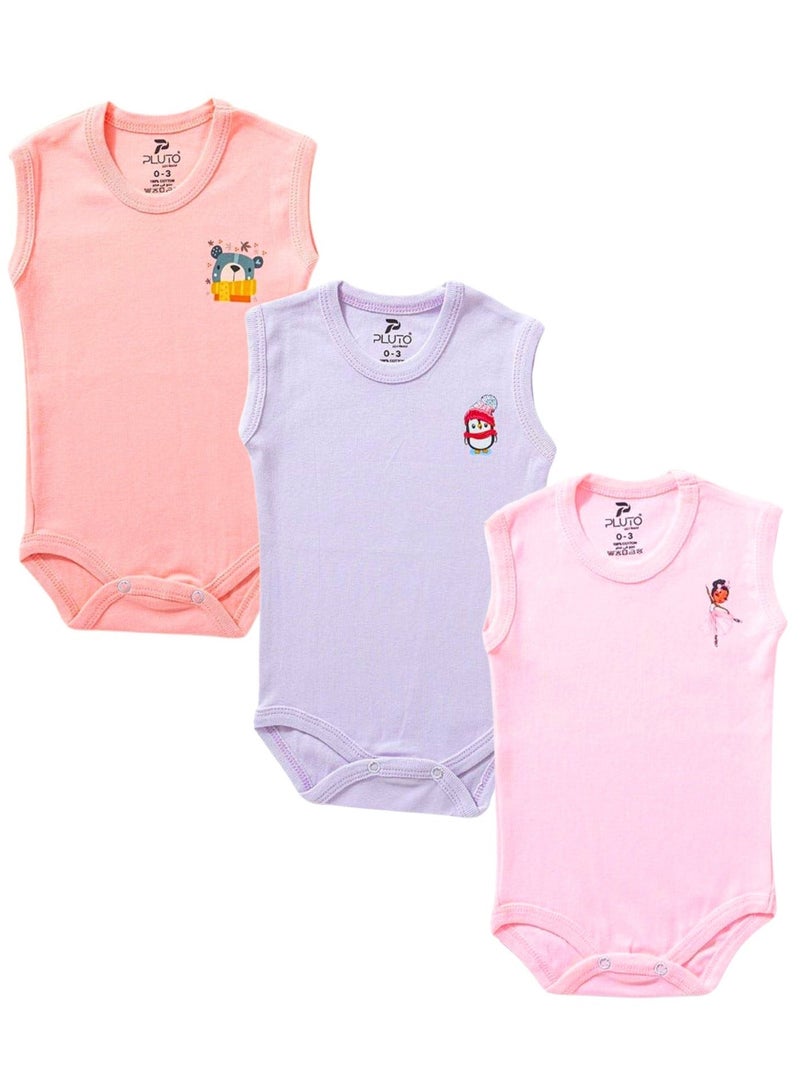 Pluto Pack of 3 Cotton Sleeveless Bodysuit for Baby Girl - Image 2