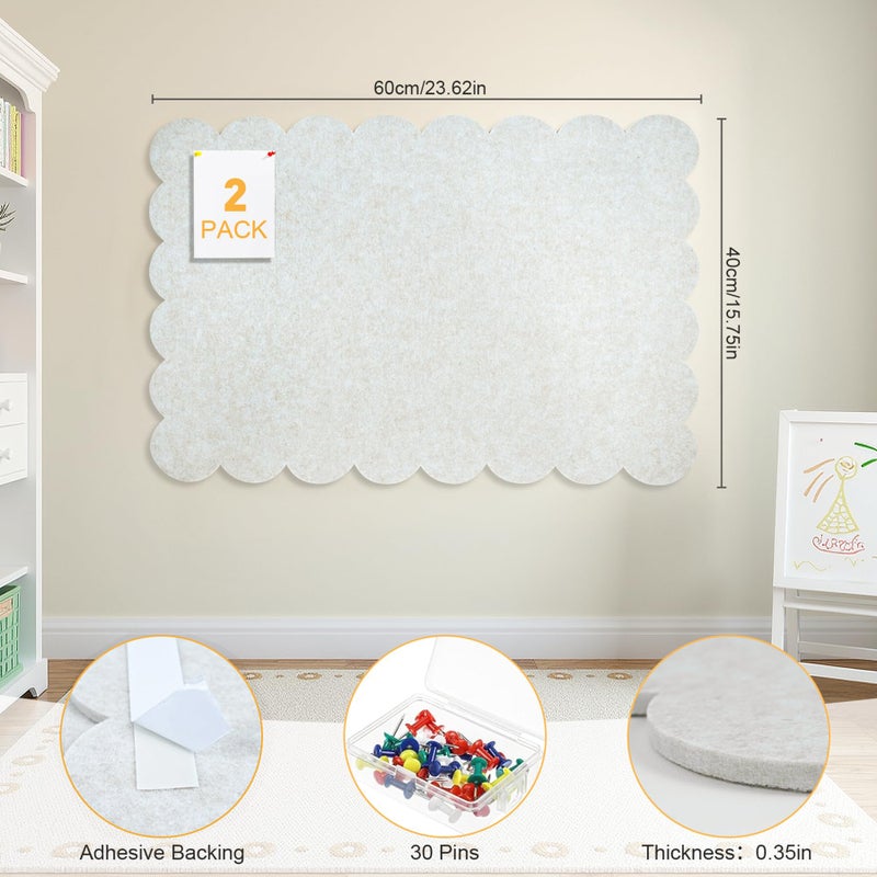 Stuffygreenus 2 Pcs Scalloped Felt Bulletin Board with 30 Nails 36 x 24 Inches Foldable Beige Pin Cork Board Alternative Self Adhesive Bulletin Wall Decor Message Picture Boards for Home School Classroom Office - Image 2