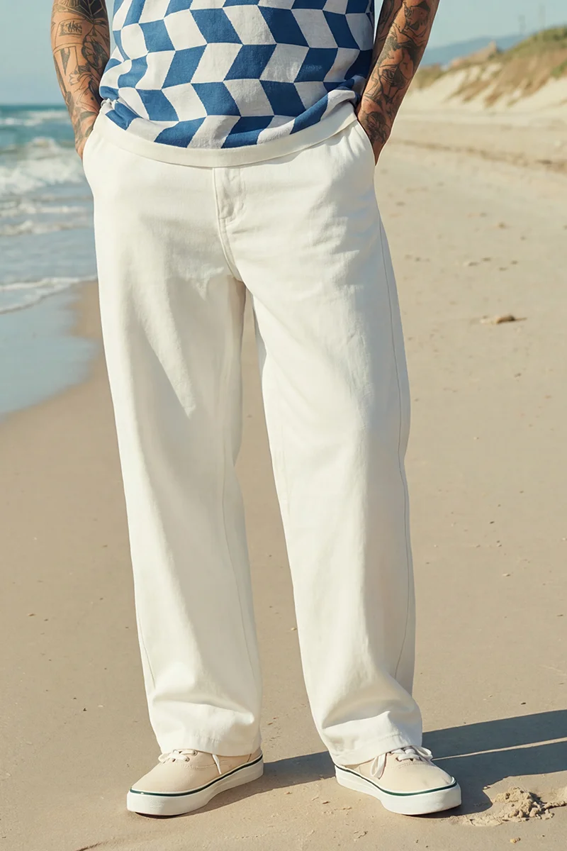 سنيتش Off-White Solid Wide Leg Casual Trousers