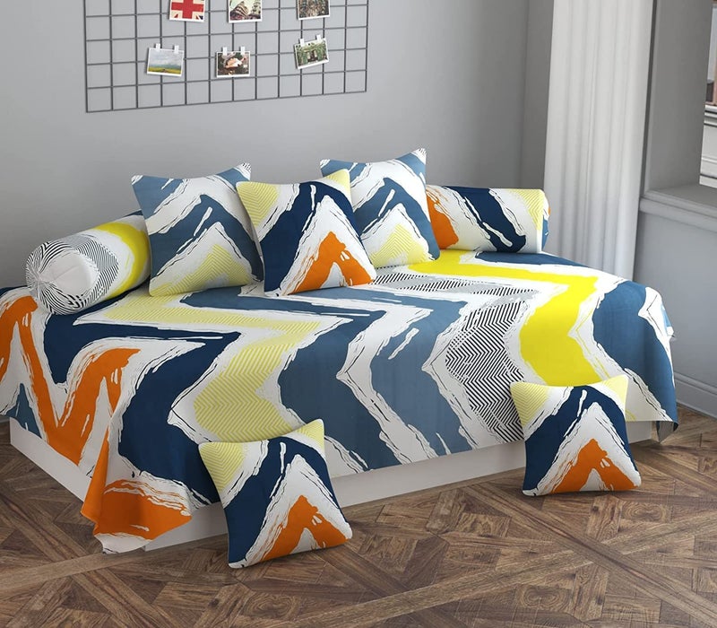 DWORTH DWORTH Premium Cotton ZigZag Pattern 8 Pieces Diwan Set Cover with 1 Single Bedsheet 2 Bolster Covers and 5 Cushions Cover Color Multicolor  - Image 1
