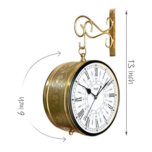 RoyalsCart Double Sided Metal Vintage Station Analog Hanging Wall Clock for Home and Living Room with Antique Golden and 24 Hours Dials on Both Sides [KTWCGR6] - Image 3