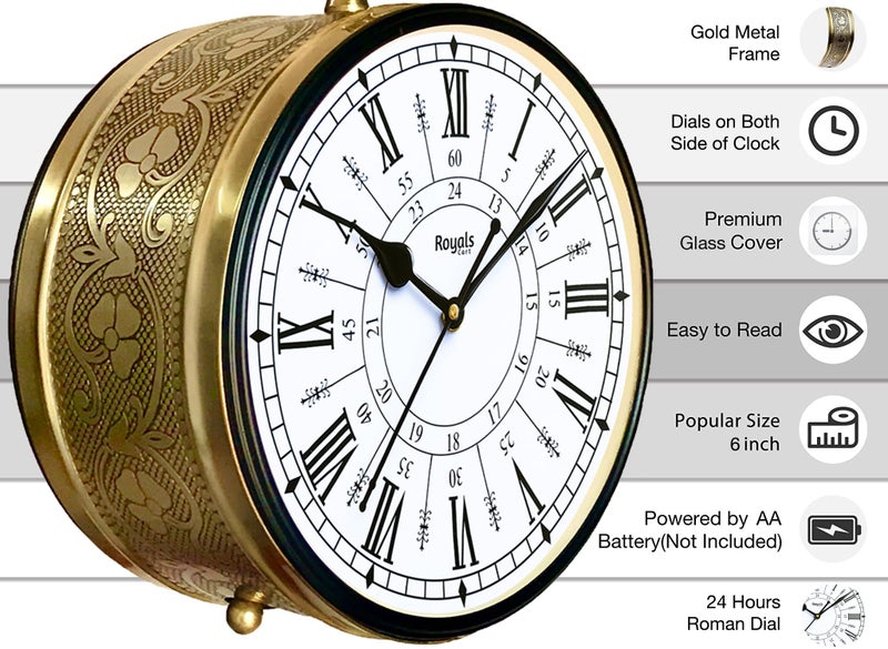 RoyalsCart Double Sided Metal Vintage Station Analog Hanging Wall Clock for Home and Living Room with Antique Golden and 24 Hours Dials on Both Sides [KTWCGR6] - Image 2