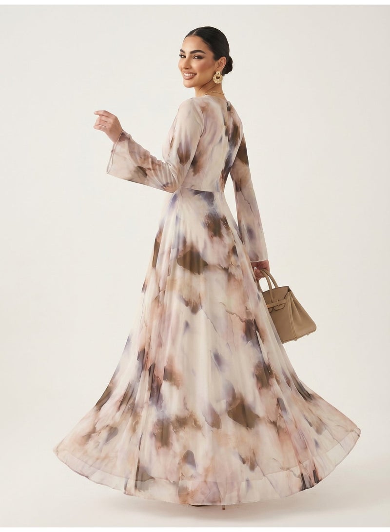 Women Watercolor Printed Modest Maxi Dress, Flared Long Sleeve Waist Cinched Long Dress - Image 3