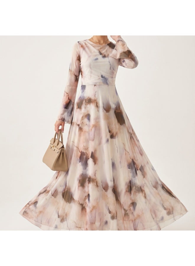 Women Watercolor Printed Modest Maxi Dress, Flared Long Sleeve Waist Cinched Long Dress - Image 1