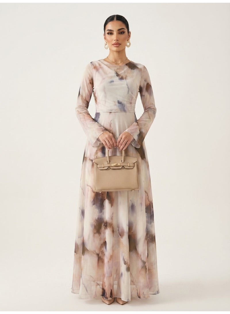 Women Watercolor Printed Modest Maxi Dress, Flared Long Sleeve Waist Cinched Long Dress - Image 4