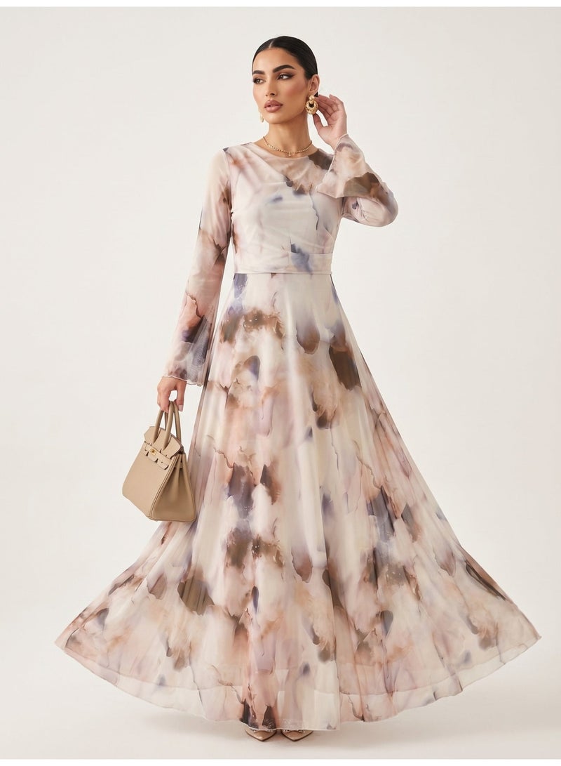 Women Watercolor Printed Modest Maxi Dress, Flared Long Sleeve Waist Cinched Long Dress - Image 5