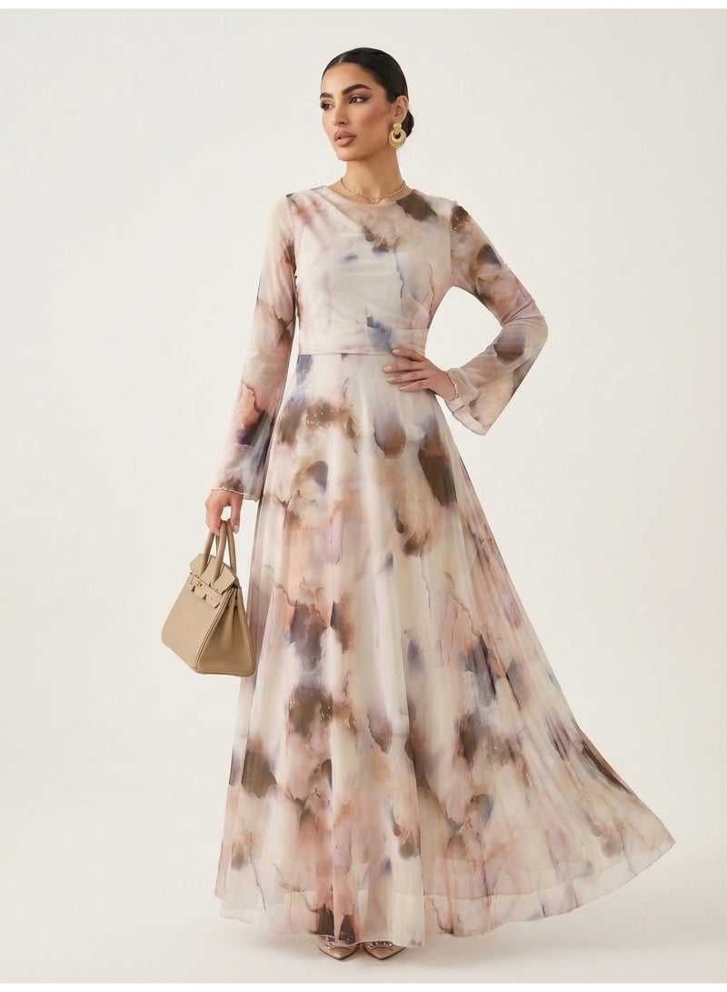 Women Watercolor Printed Modest Maxi Dress, Flared Long Sleeve Waist Cinched Long Dress - Image 2