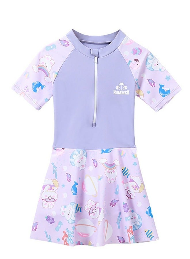 Loquat Girls One Piece Swim Dress Print Skirted Bathing Suit for Kids Girls Summer Swim Dress Short Sleeve Swimwear - Image 1