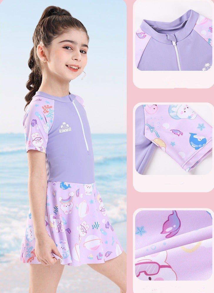 Loquat Girls One Piece Swim Dress Print Skirted Bathing Suit for Kids Girls Summer Swim Dress Short Sleeve Swimwear - Image 2