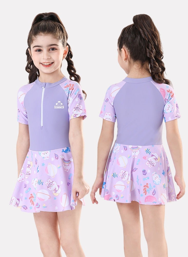 Loquat Girls One Piece Swim Dress Print Skirted Bathing Suit for Kids Girls Summer Swim Dress Short Sleeve Swimwear - Image 3