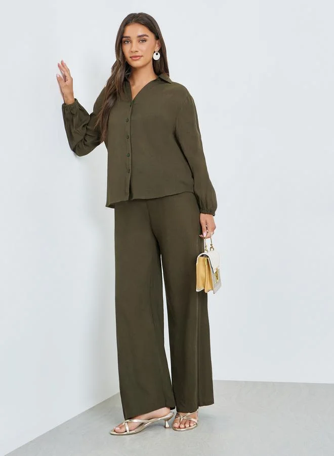 Styli Olive Solid Wide Leg Pants