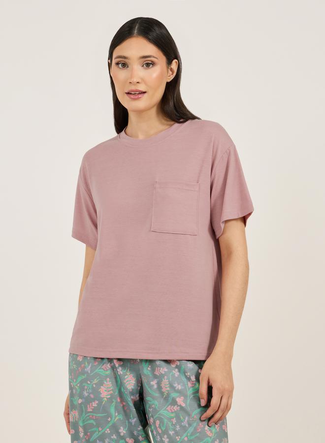 Chest Pocket Drop Shoulder Round Neck T-Shirt & Floral Print Pyjama Set