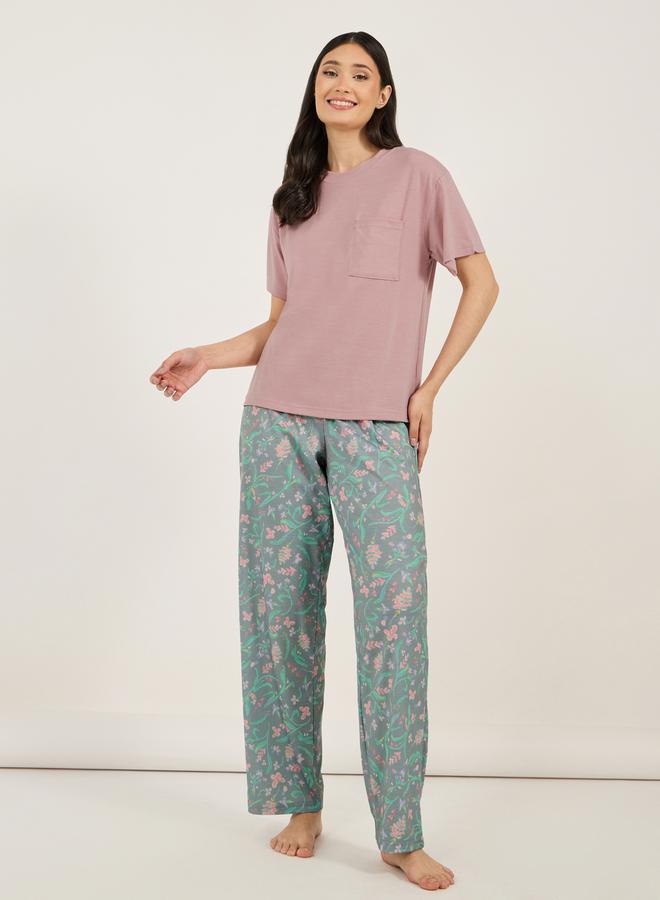 Chest Pocket Drop Shoulder Round Neck T-Shirt & Floral Print Pyjama Set
