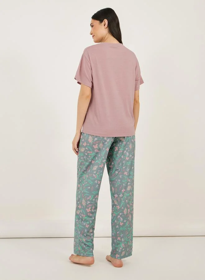Styli Chest Pocket Drop Shoulder Round Neck T-Shirt & Floral Print Pyjama Set