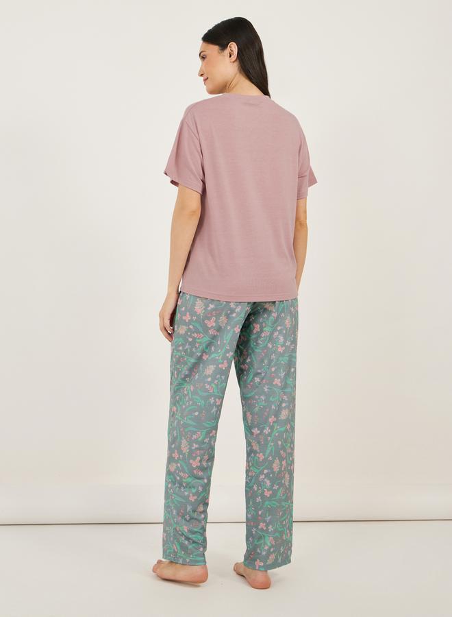 Chest Pocket Drop Shoulder Round Neck T-Shirt & Floral Print Pyjama Set