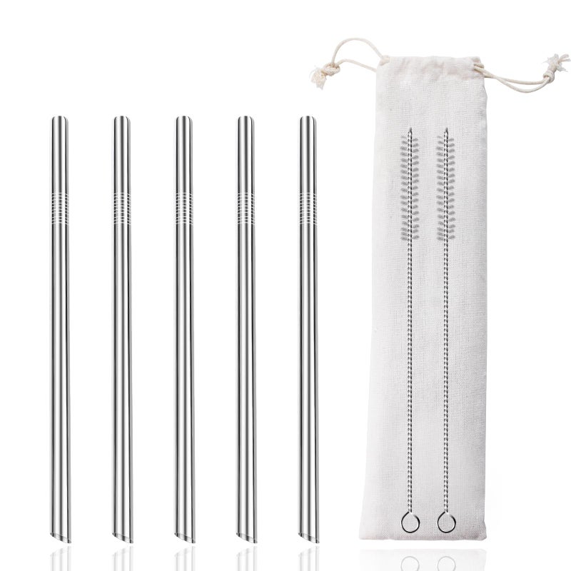 Lazycorner 5 Pcs Stainless Steel Smoothie Straws, 0.4'' Extra Wide Reusable Metal Drinking Straws for Milkshake, Smoothie, Beverage, Set of 5 with 2 Cleaning Brush - Image 1