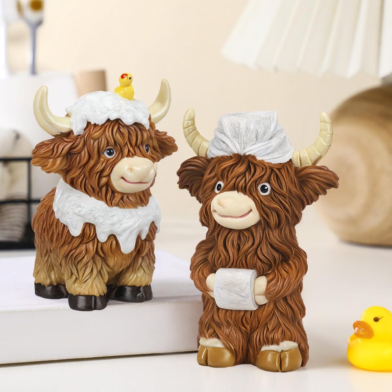 Burbell 2 Pcs Highland Cow Bathroom Figurines Bathroom Theme Highland Cow Christmas Gnomes Bath Resin Statue Calf Gifts for Christmas Farmhouse Home Garden Kitchen Office Tiered Tray Table Decor - Image 5