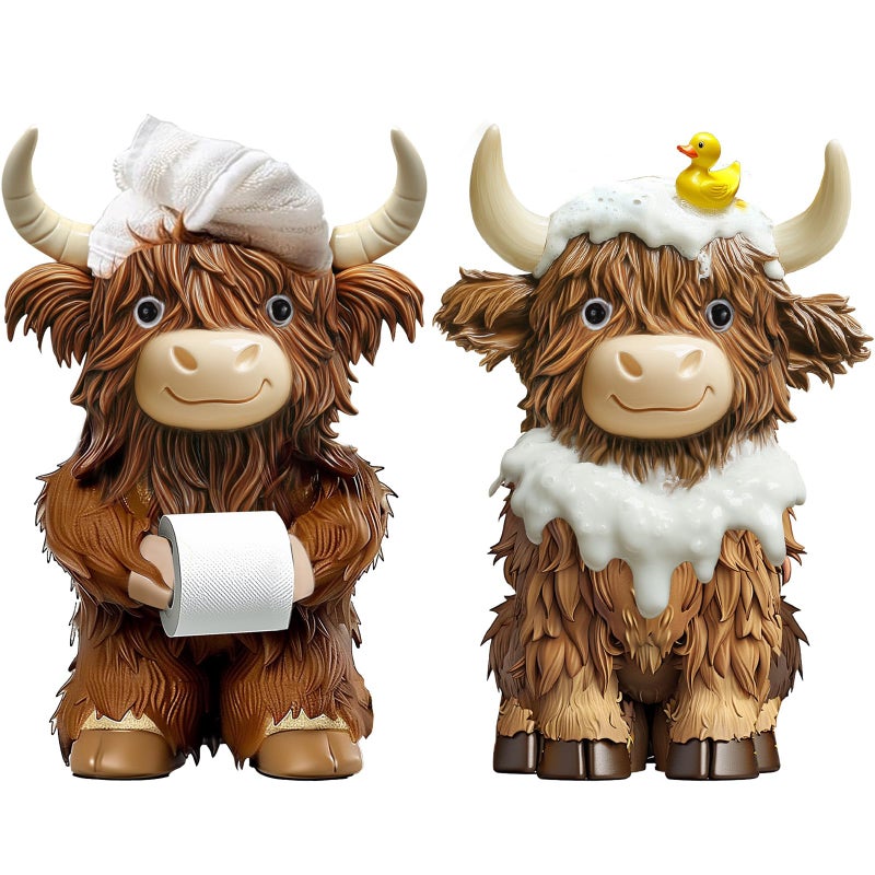 Burbell 2 Pcs Highland Cow Bathroom Figurines Bathroom Theme Highland Cow Christmas Gnomes Bath Resin Statue Calf Gifts for Christmas Farmhouse Home Garden Kitchen Office Tiered Tray Table Decor - Image 1
