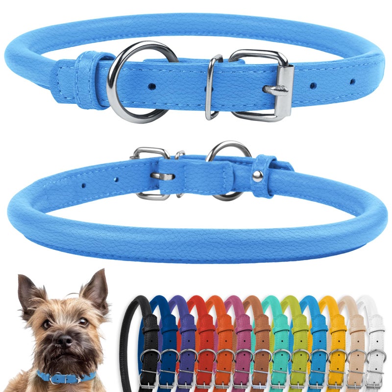 CollarDirect Rolled Leather Dog Collar, Soft Padded Round Puppy Collar, Handmade Genuine Leather Collar Dog Small Large Cat Collars 13 Colors (6-7 Inch, Light Blue Textured) - Image 1