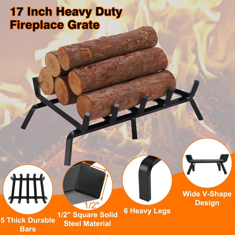 إسكدنيا Small Fireplace Grate 17 inch Heavy Duty Fireplace Log Holder, 1/2 Solid Steel Bar Fire Pit Grate for Indoor Outdoor, Wood Stove Fireplace Accessories Wrought Iron Firewood Burning Rack - Image 2