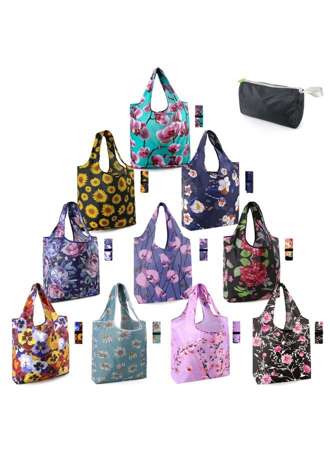 BeeGreen 10 Pack Washable Floral Grocery Bags for Shopping Reusable Tote Bags Extra Large 50LBS Cute Flower Design Foldable Reusable Bags for Women Men Lightweight Durable - Image 1